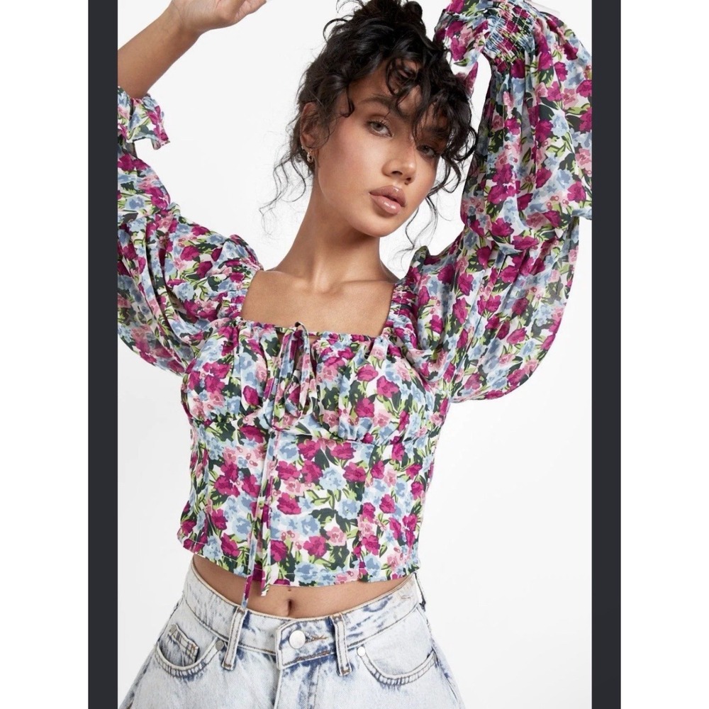 NWT Boohoo US 2 Floral Print Puff Sleeve Crop Top Blouse Shirt Zip Back Corset